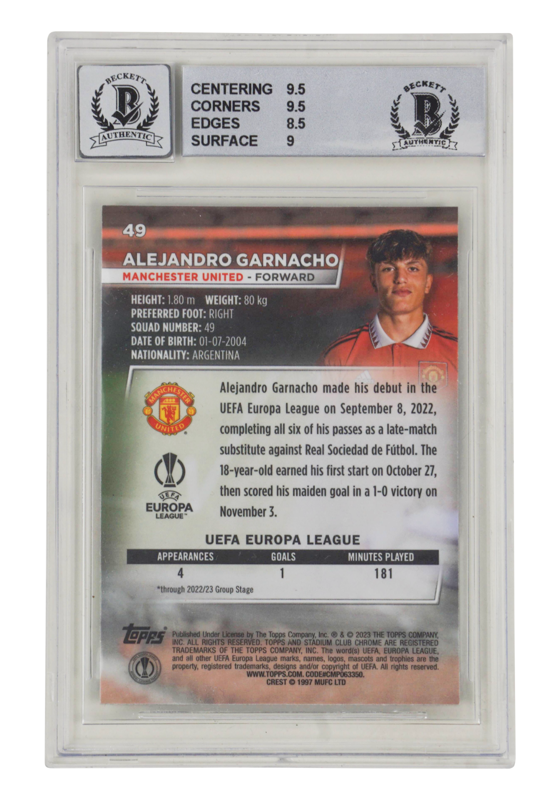 Alejandro Garnacho Signed 2022 Topps Stadium Club Chrome RC - BGS 9 AUTO 10